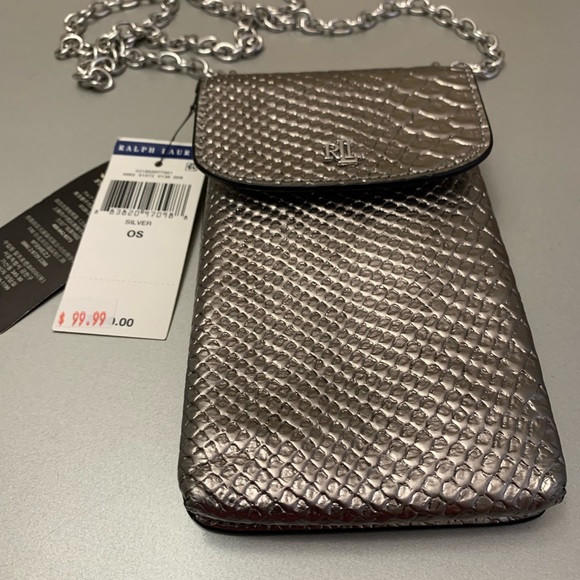 Ralph Lauren Embossed Leather Phone crossbody bag/case chain strap Silver - Picture 4 of 7